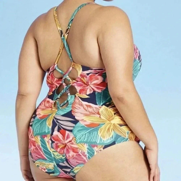 2/$30 Kona Sol 22W Tropical Swimsuit One Piece Floral Plus Size Lace Up Back - Picture 5 of 15